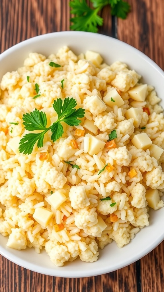 A bowl of garlic cauliflower rice garnished with parsley on a rustic wooden table.